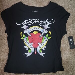 Ed Hardy Black Tee with Heart and Skull Design Juniors Xl